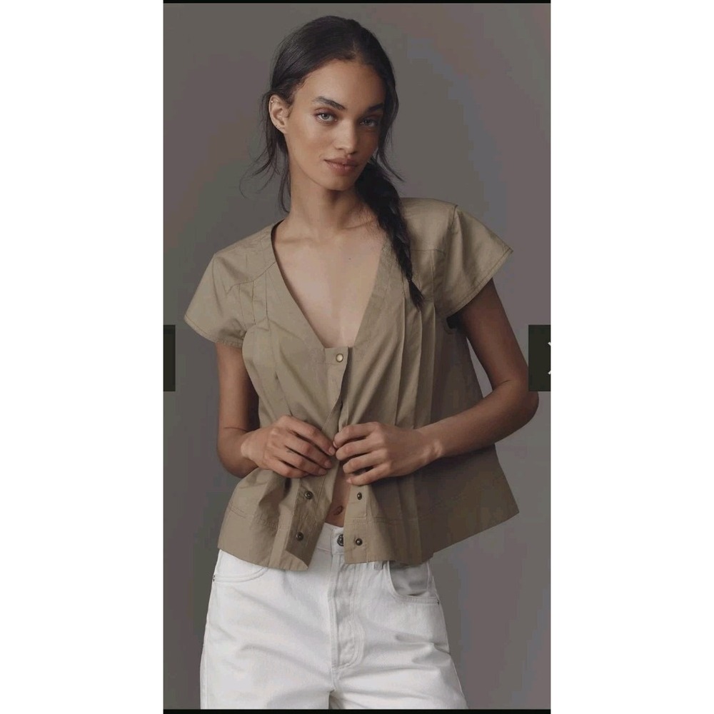 Women's Anthropologie Short Sleeve Trapeze Button Blouse Olive Green Size Large
